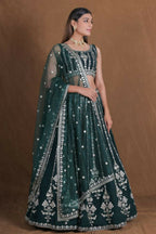 Bottlegreen Georgette Zari,Sequence Thread Embroidery Work Lehenga Choli - Jihu Culture