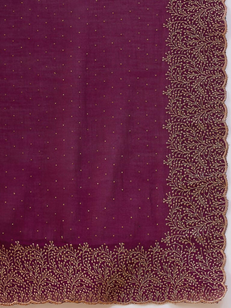 Purple Silk Blend Embroidered Saree with Unstitched Blouse - Vairagi