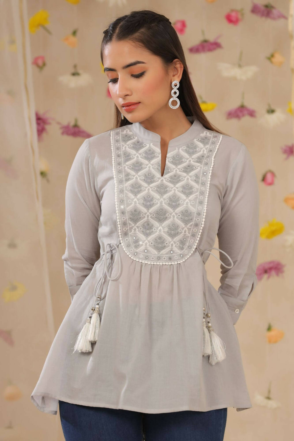 Juniper Women Grey Cotton Moss Embroidered A-Line Tunic - Distacart
