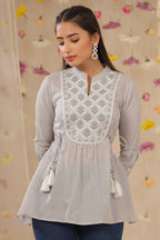Juniper Women Grey Cotton Moss Embroidered A-Line Tunic - Distacart