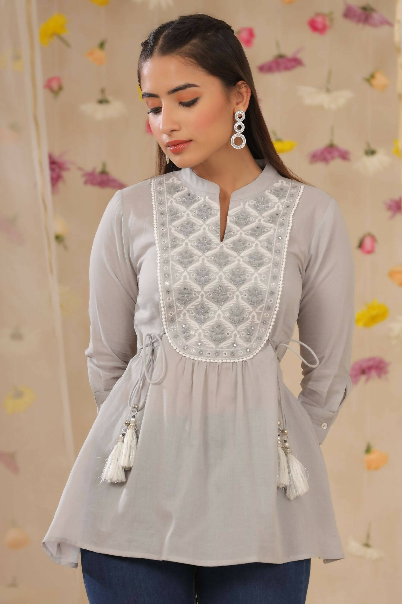 Juniper Women Grey Cotton Moss Embroidered A-Line Tunic - Distacart