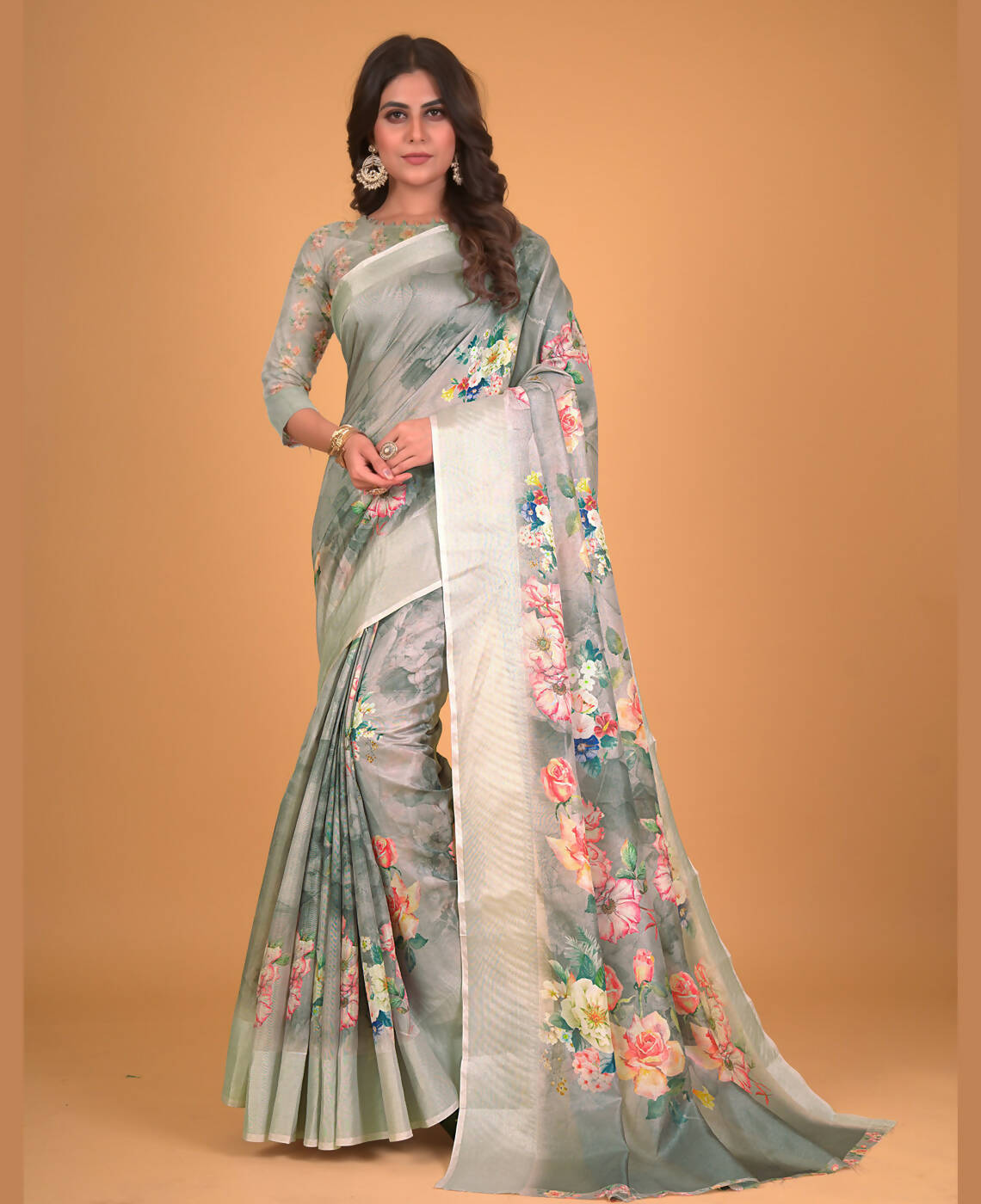 Green Cotton Silk Floral Printed Saree With Unstitched Blouse Piece - Akshita