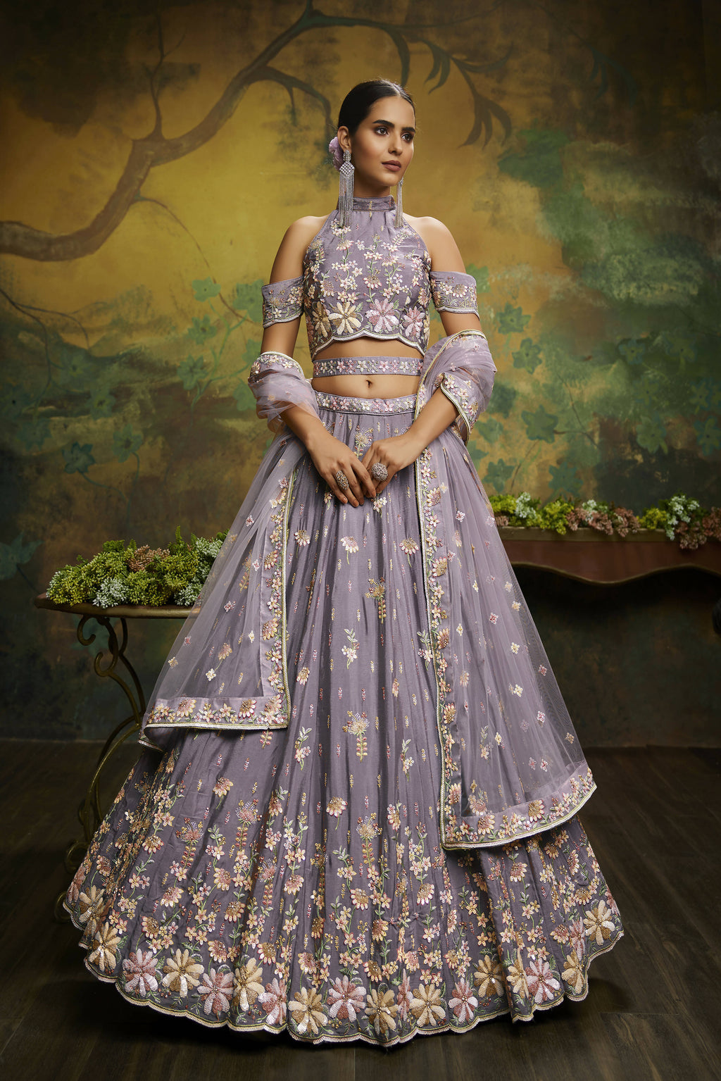 House of Panchhi Mauve Pure Georgette Sequins with heavy Zarkan embroidery Lehenga choli & Dupatta
