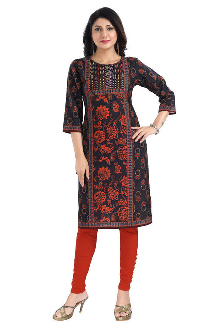 Snehal Creations Elegant Black Designer Digital Print Cotton Slub Fabric Long Kurti Tunic