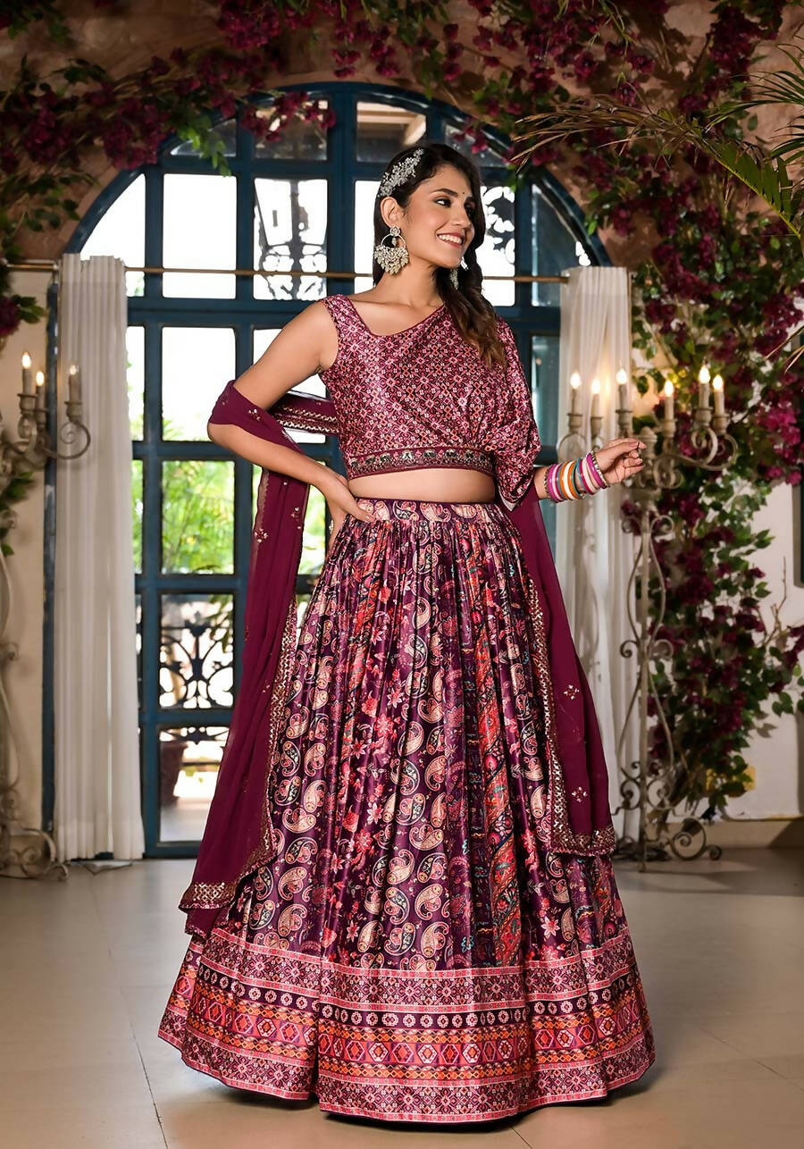Women's Wedding Traditional Mulberry Dull Satin Lehenga Choli - Kaushlya