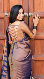 DEIANA'S Beautiful Designer Golden zari Soft Lichi Silk Saree - Blue