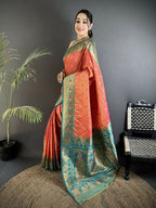 Joban Fashion Coral Pink Intricate Motifs Soft Silk Banarasi Saree