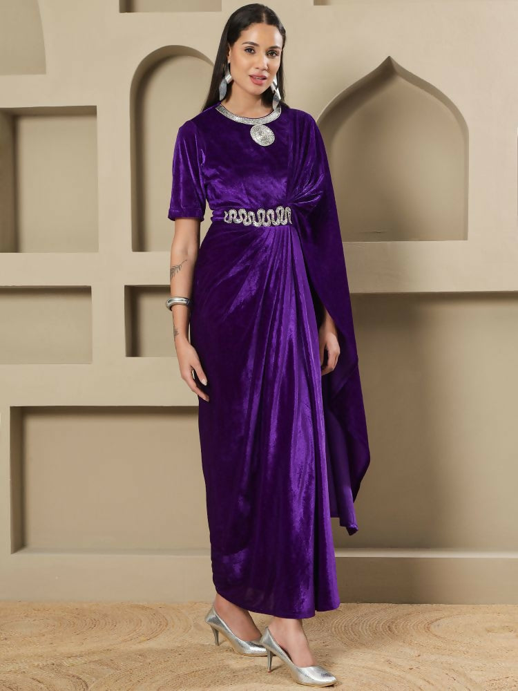 Joban Fashion Women Purple Velvet Hand Embellishment Stitched Dress - Distacart