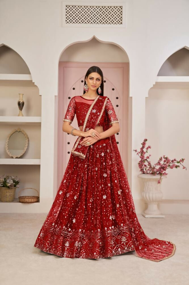 Aastha Fashion Red Butterfly Net All Over Thread Work, Zari Work And Sandwich Sequence Work Embroidery Wedding Wear Lehenga Choli