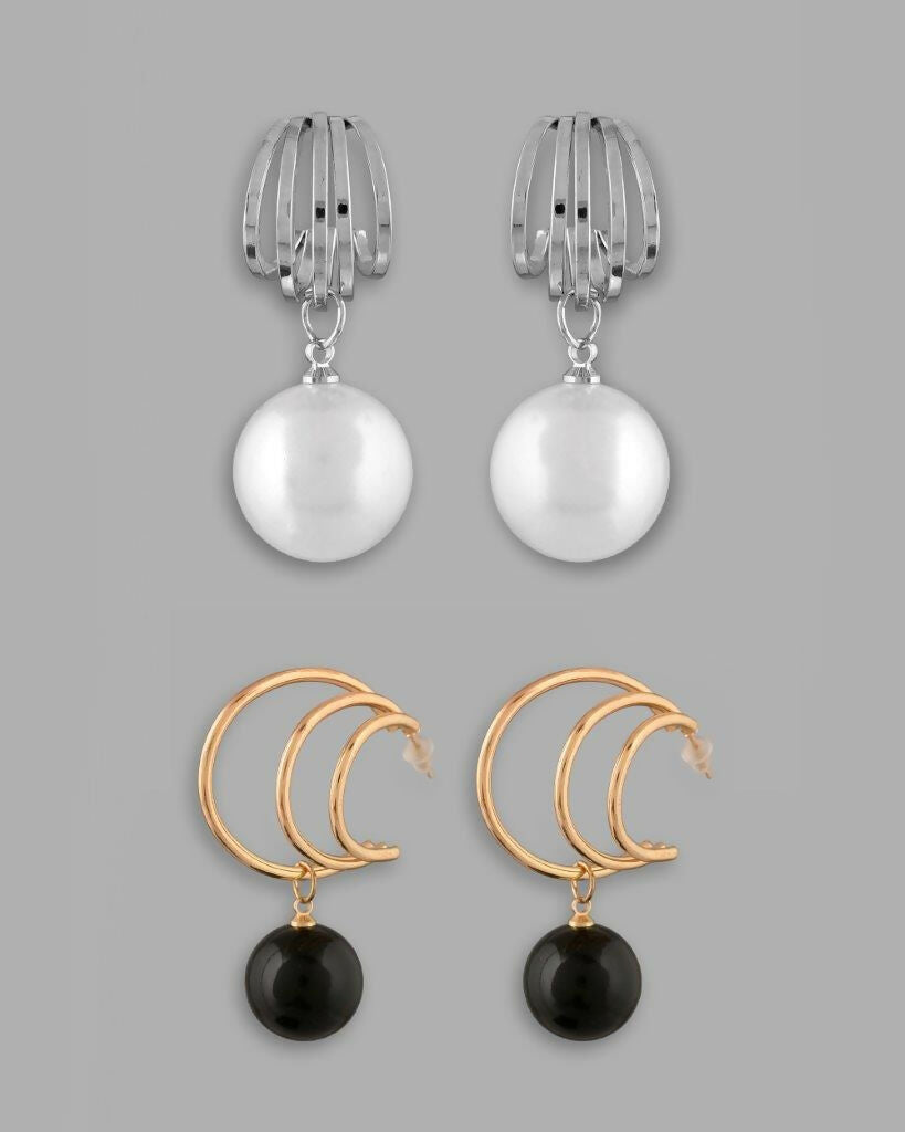 VOJ Set Of 2 Korean Drop Earrings - Gold Plated With Black Pearl and Silver Plated With White Pearl Earrings - Distacart