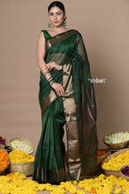 Very Much Indian Rajsi - Handloom Ari Checks Cotton Silk Saree With Golden Border - Bottle Green
