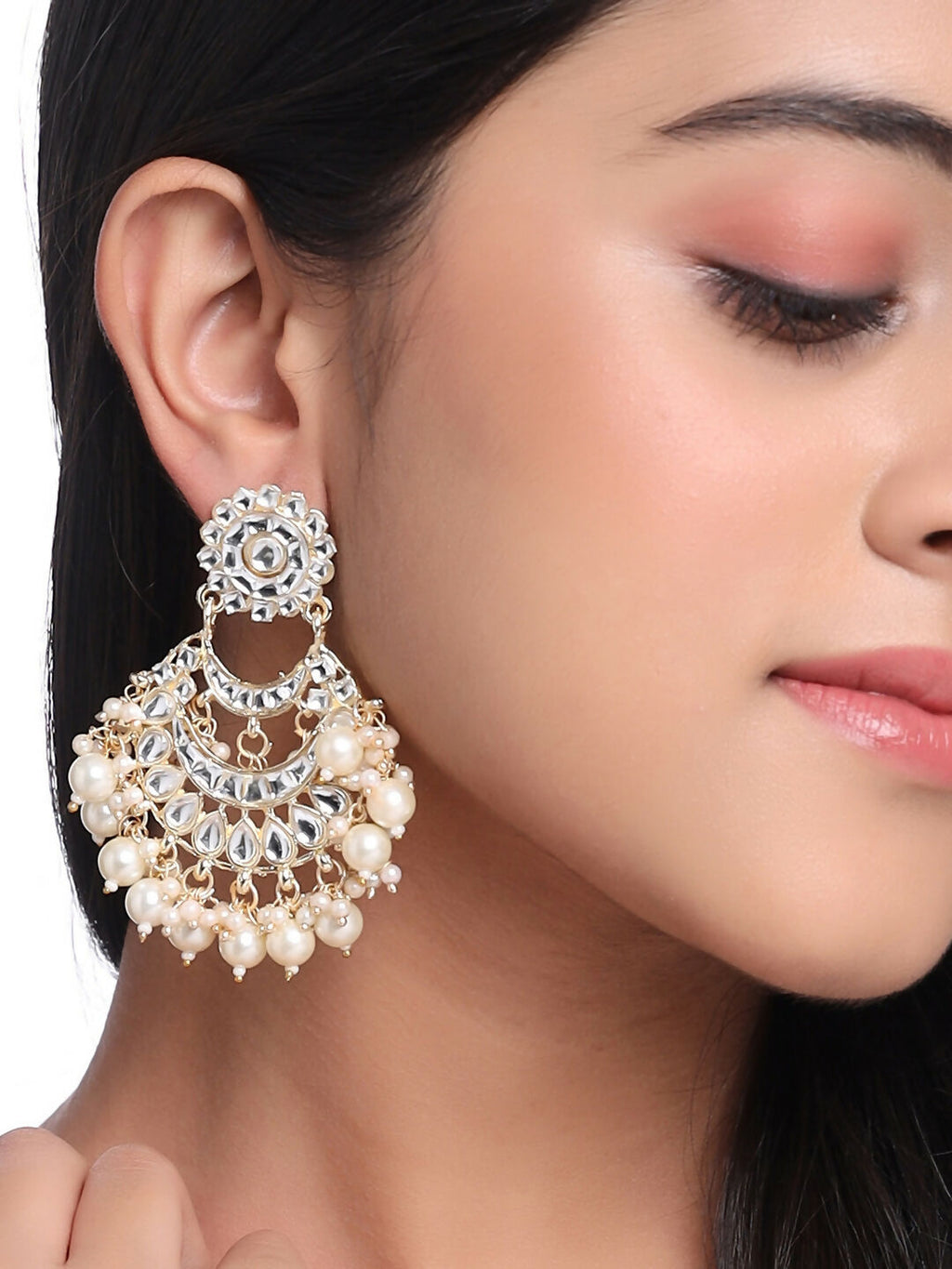 NVR Women Gold Plated Studded Kundan Chandbali Earrings - Distacart