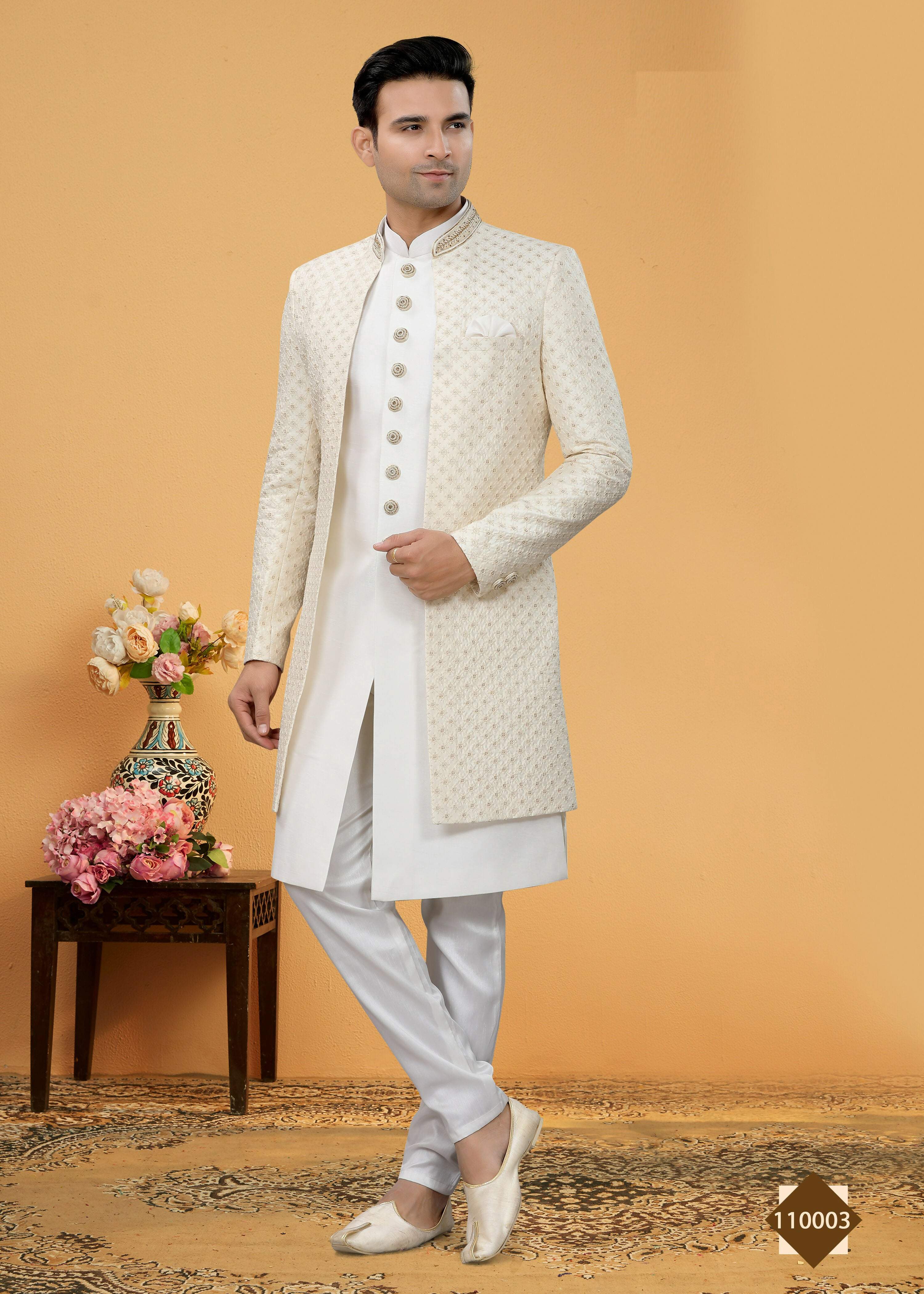 Joban Fashion Men's White Art Silk Plain Kurta Pyjama set