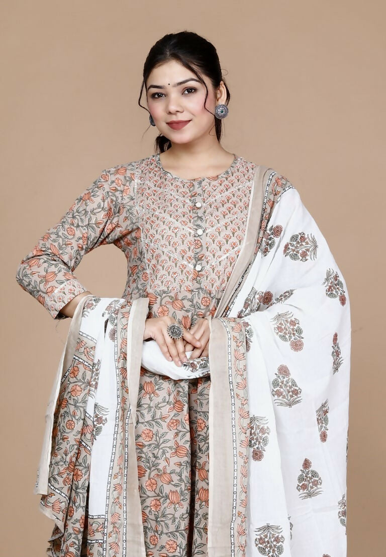 Miravan Women's Partywear Brown Floral Printed Gota Work Long Anarkali With Dupatta Set