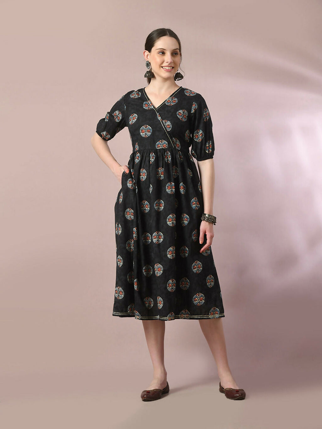Myshka Women's Black Printed Cotton V-Neck Empire Party Dress - Distacart