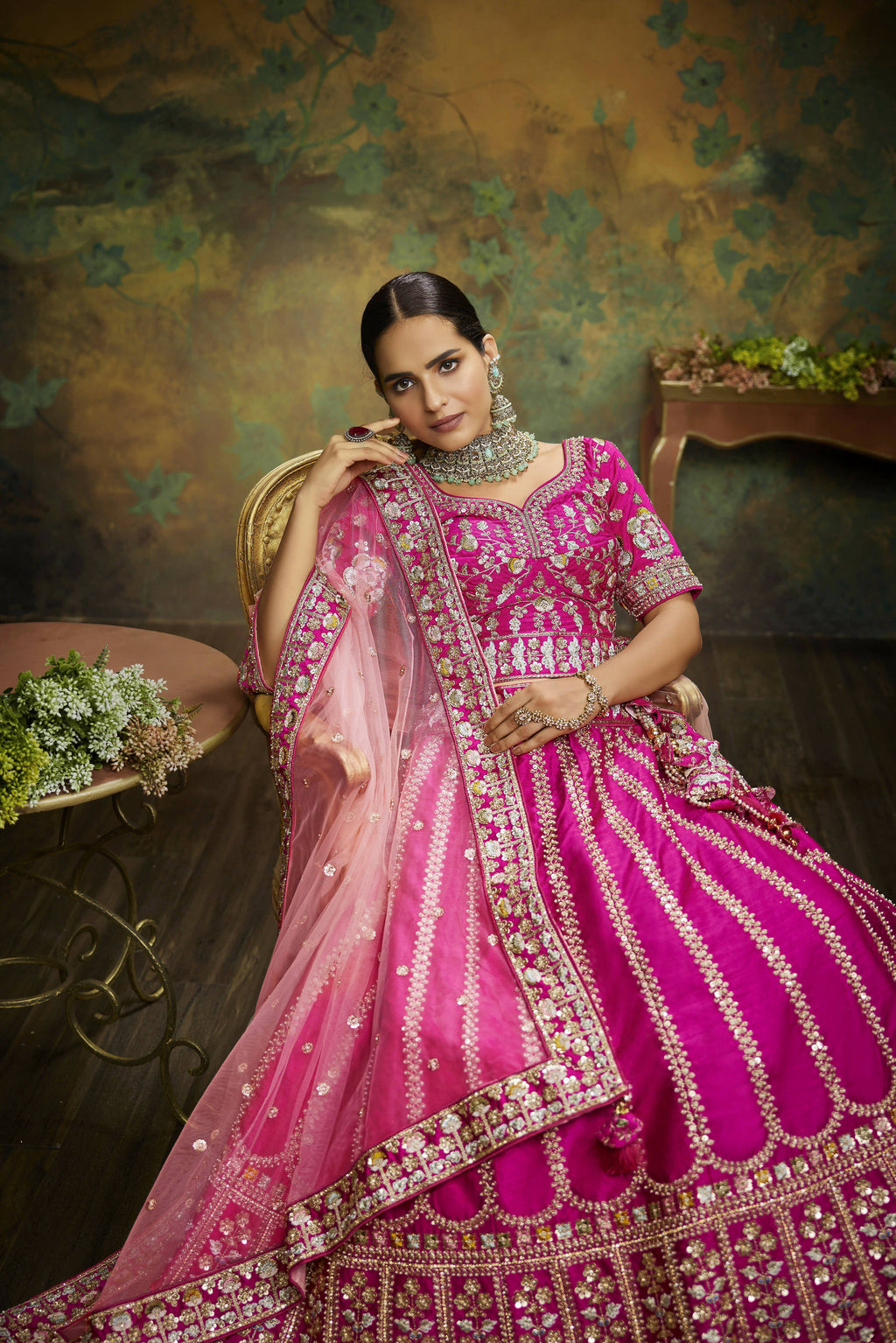 House of Panchhi Pink Pure Silk Moti & Zarkan heavy embroidery Lehenga choli & Dupatta
