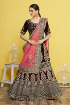 Wine Velvet Semi-Stitched Wedding Bridal Lehenga - Nimaya