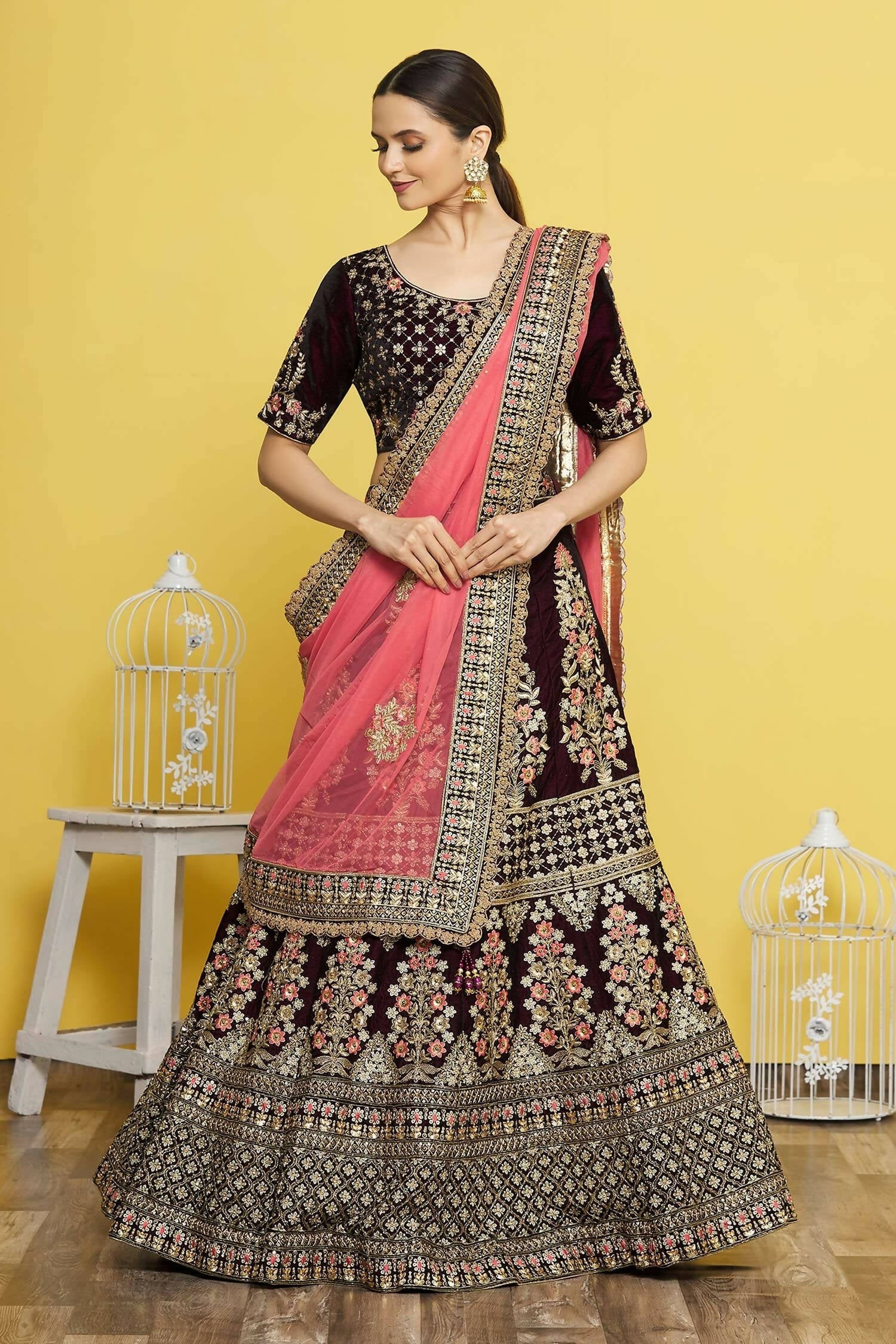 Wine Velvet Semi-Stitched Wedding Bridal Lehenga - Nimaya
