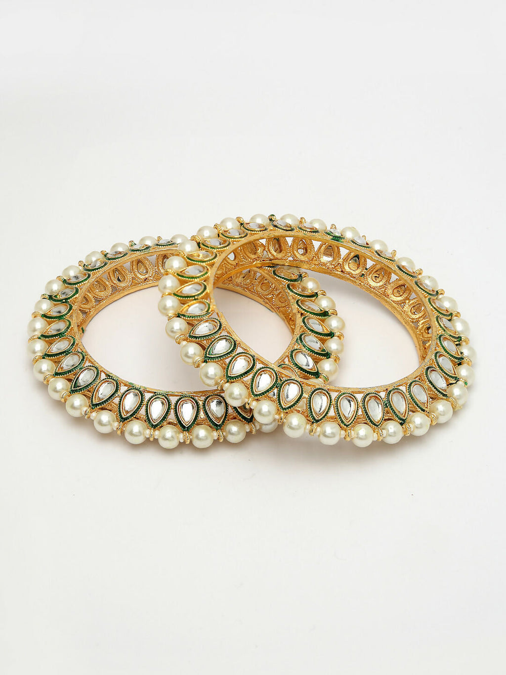 NVR Women's Set Of 2 Gold-Polished Kundan-Studded & Pearls-Beaded Bangles - Distacart