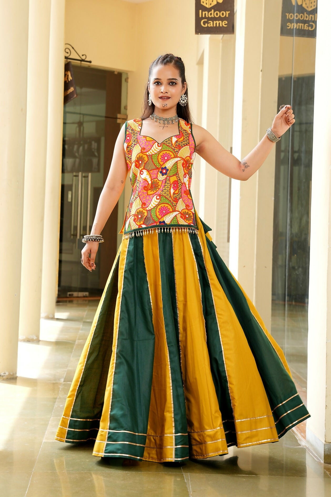 AI Fashion Mustard & Green Cotton Designer Navratri Wear Lehenga Choli Collection
