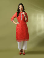 Myshka Women's Red Printed Cotton Blend Straight Party Kurta Set