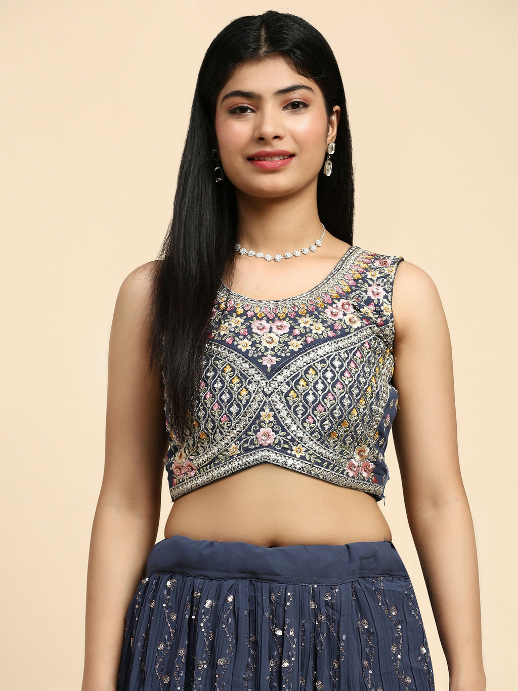 Dark Grey Georgette Embroidered Lehenga choli with Dupatta - Dhara
