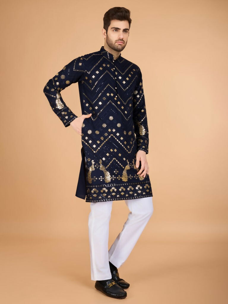 Vastranavya Navy Blue Exclusive Festival Wear Pure Viscose Rayon Embroidered Sequence Work Kurta
