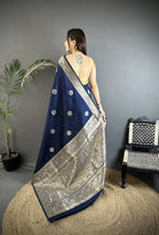 Joban Fashion Navy Blue Floral Jacquard Woven Design Cotton Silk Banarasi Silk Saree - Distacart