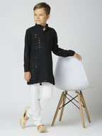 Joban Fashion Kids Island Full Sleeves Cotton Kurta and Pyjama Set with Sequin work - Black - Distacart