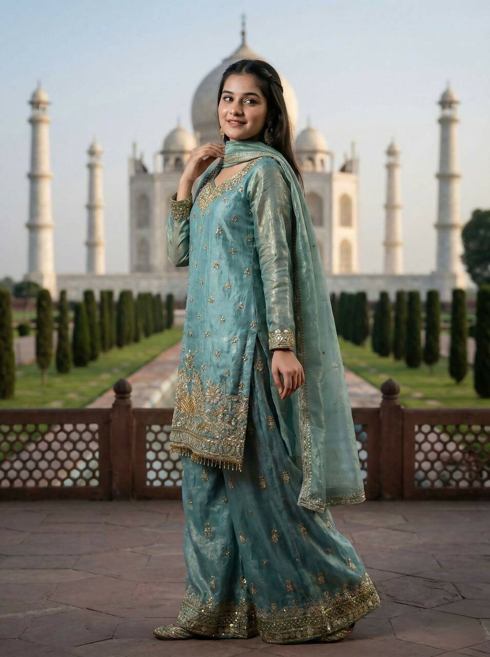 Teeya Creation Teal Fendy Silk Heavy Embroidery Work Party Wear Palazzo Suit - Distacart