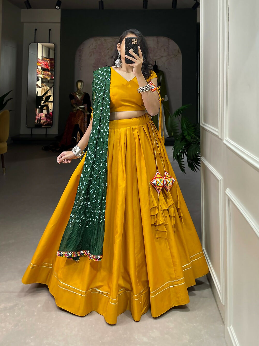 Vastranavya Navaratri Special Pure Cotton Plain With Gotta Patti Touch Up Lehenga Stitched Choli - Mustard