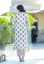 Juniper Women's Grey Floral Printed Cotton Kurta Dhoti Pant & Dupatta Set