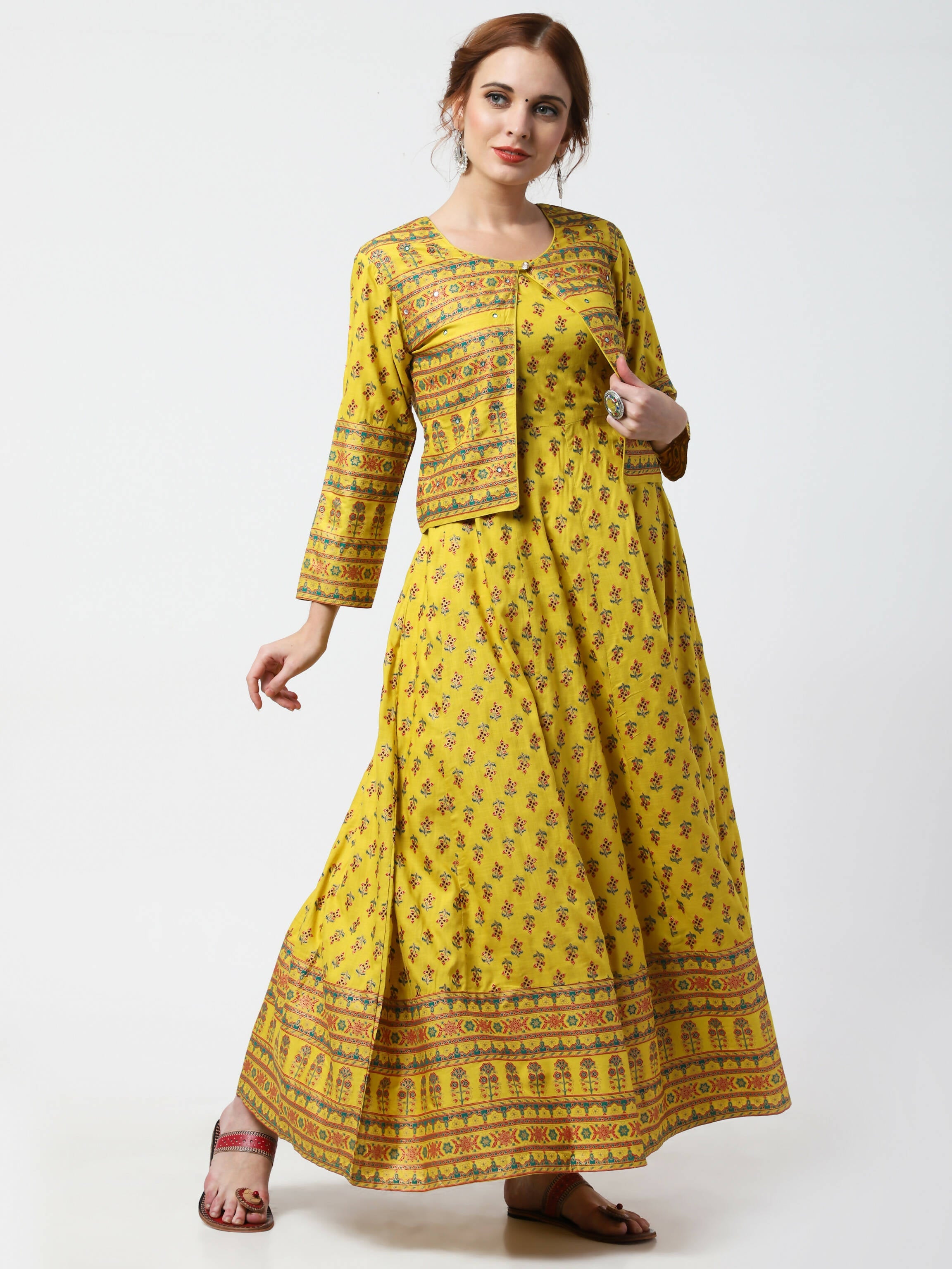 Cheera Women's Mustard Viscose Cotton Long Kalidar Kurta With Jacket