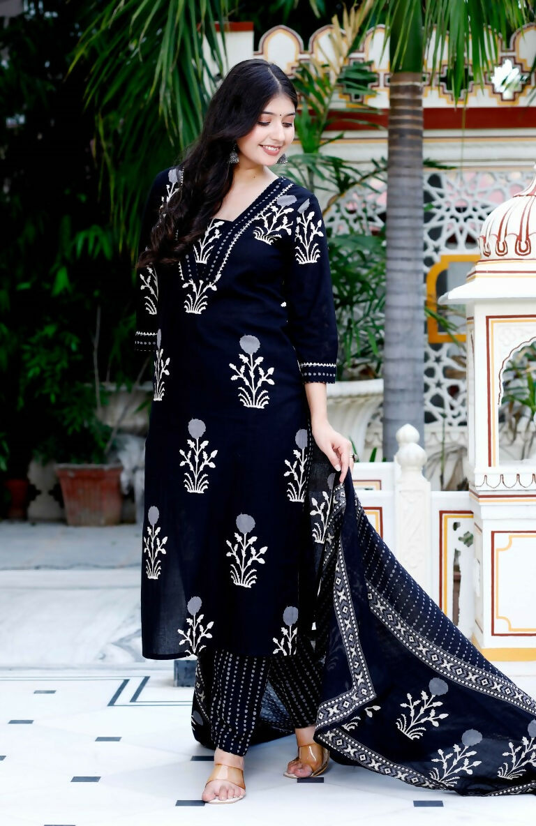 Miravan Women's Cotton Gota Patti Black Floral Printed Straight Kurta Palazzo With Dupatta Set