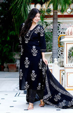 Miravan Women's Cotton Gota Patti Black Floral Printed Straight Kurta Palazzo With Dupatta Set