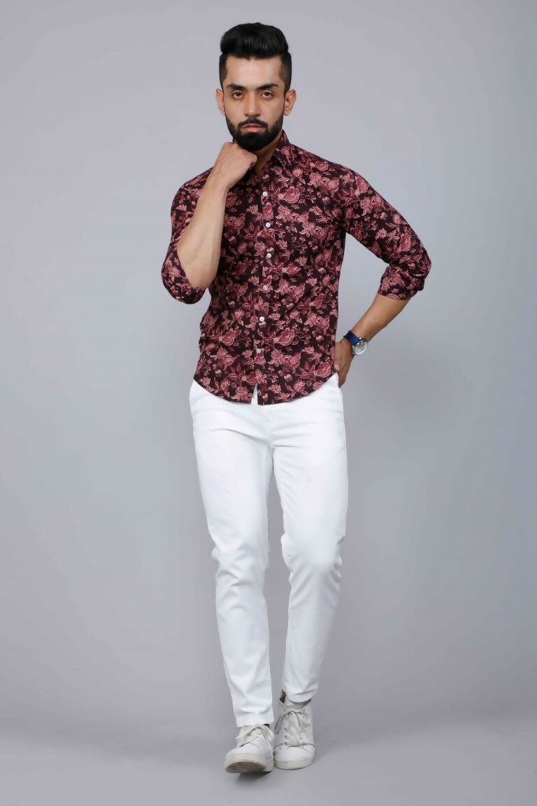 Miravan Men's Floral Slim Fit Long Sleeves Maroon Shirt