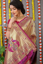 Jyoti Fashion Women's Wine Paithani Silk Zari Woven Saree with Blouse
