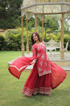 Vastranavya Premium Designer Printed With Sequins & Thread Embroidered work Kurti Palazzo & Dupatta - Red