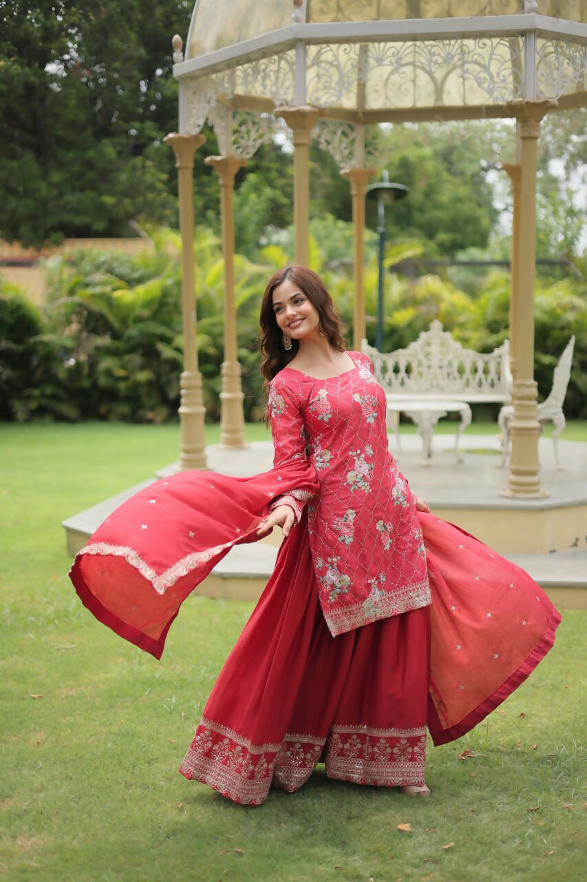 Vastranavya Premium Designer Printed With Sequins & Thread Embroidered work Kurti Palazzo & Dupatta - Red