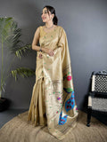Joban Fashion Ivory Peacock & Floral Motifs Tissue Paithani Saree - Distacart