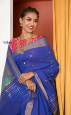 Very Much Indian Handloom Pure Cotton Paithani -Ink Blue - Distacart
