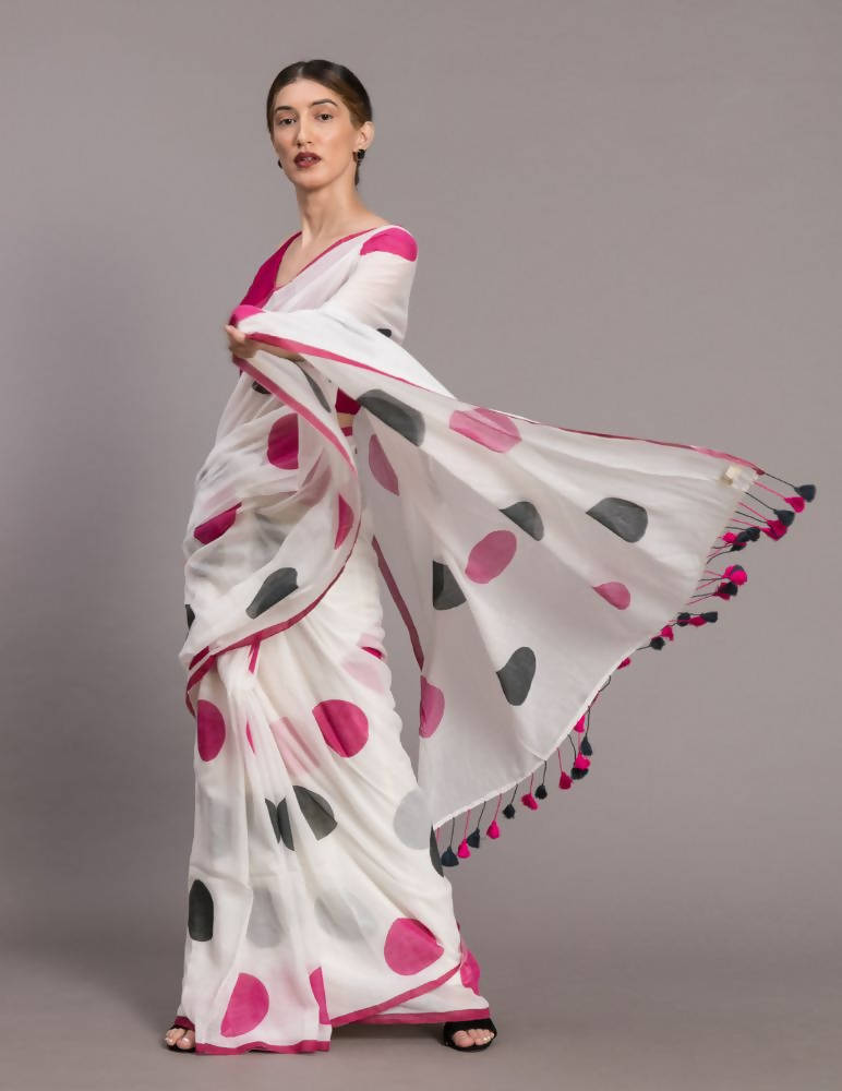 Suta White Pink Polka Dot Printed Pure Cotton Saree - Distacart