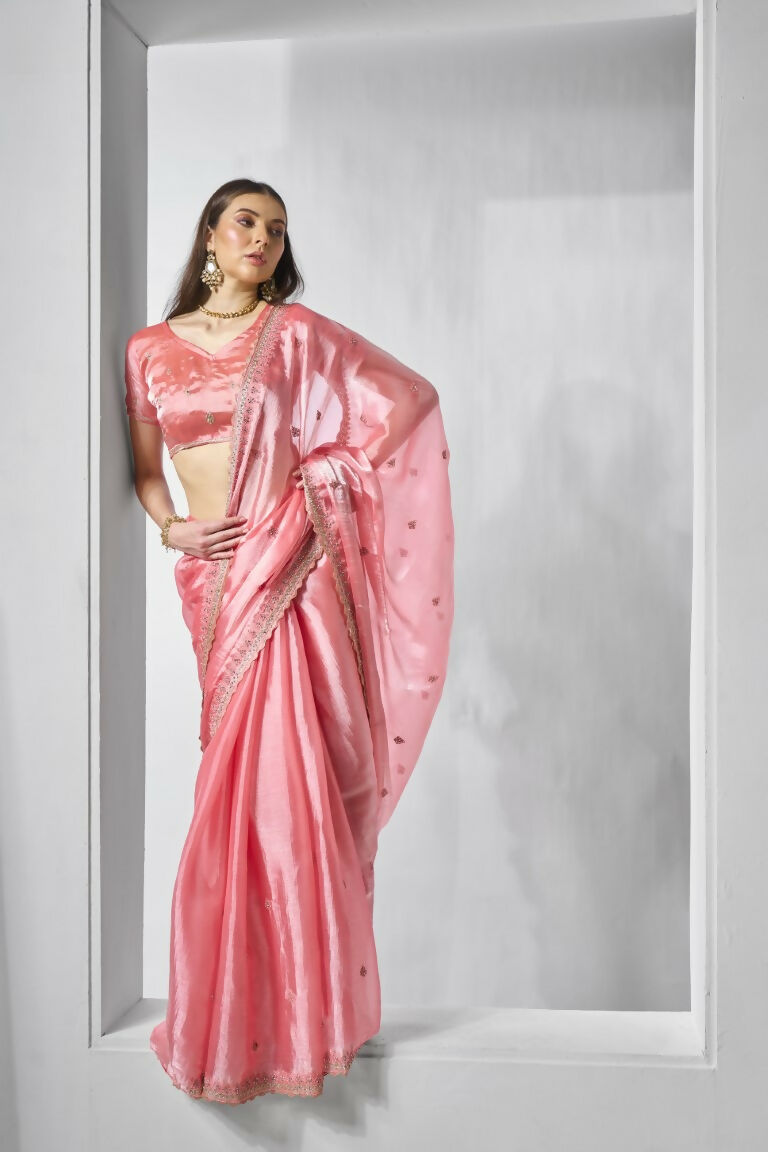 Coral Burburry silk Designer Embroidery Work Saree - Shezlin