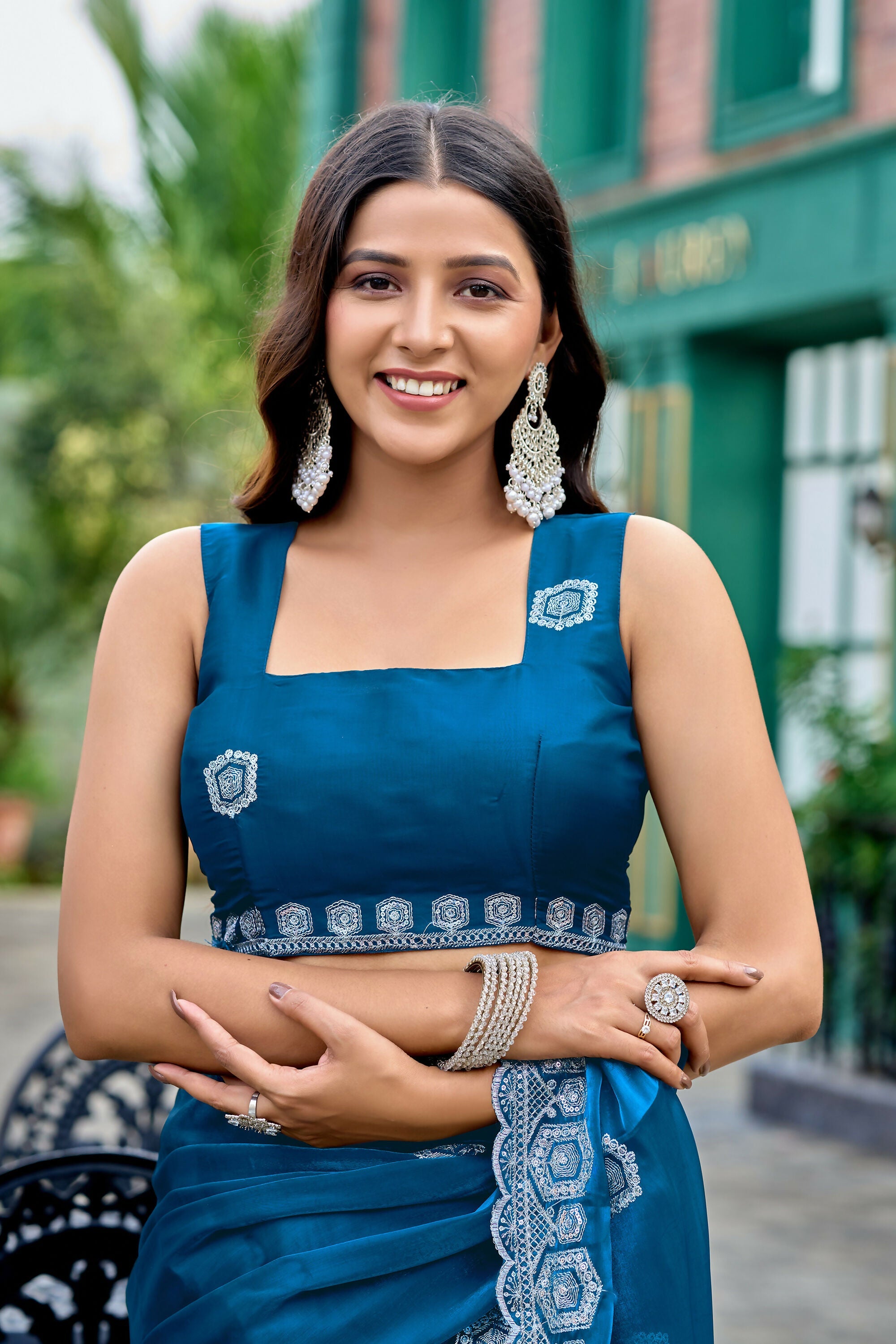 Vastranavya Teal Embroidery Work Shimmer Chiffon Saree with Unstitched Blouse - Distacart