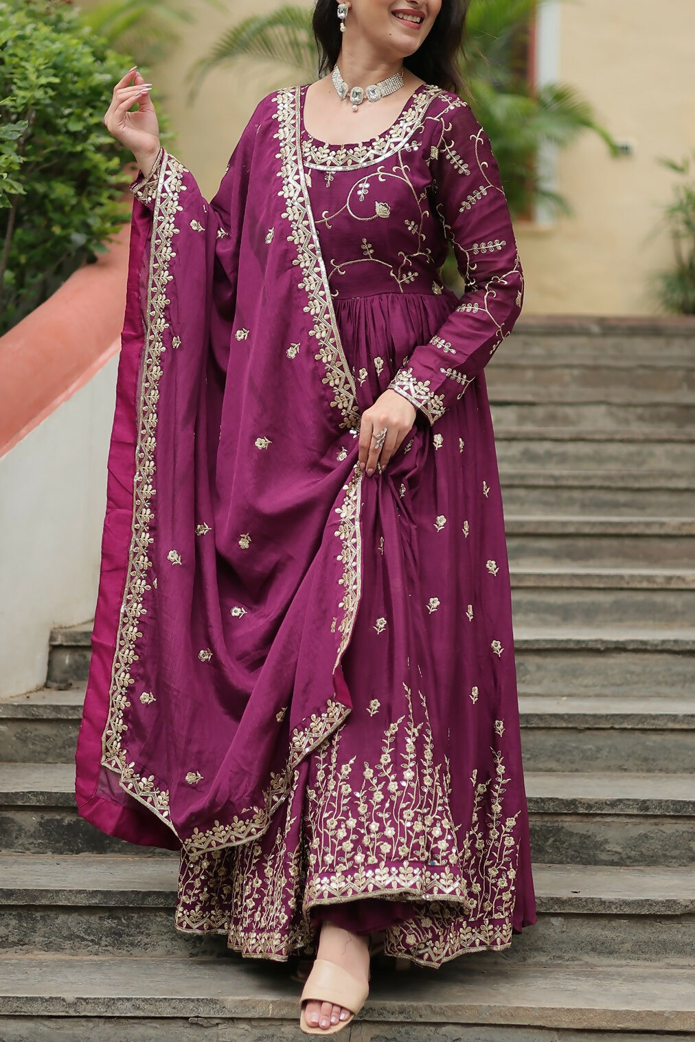 Joban Fashion Wine chinon Sequence Embroidery Work Kurta Set - Distacart
