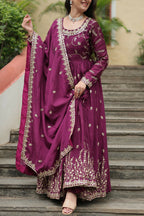 Joban Fashion Wine chinon Sequence Embroidery Work Kurta Set - Distacart