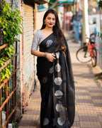 Black Pure Linen Woven Design Saree with Unstitched Blouse - A2M - Distacart