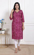 Miravan Womens Magenta Bandhej Printed Rayon Kurti