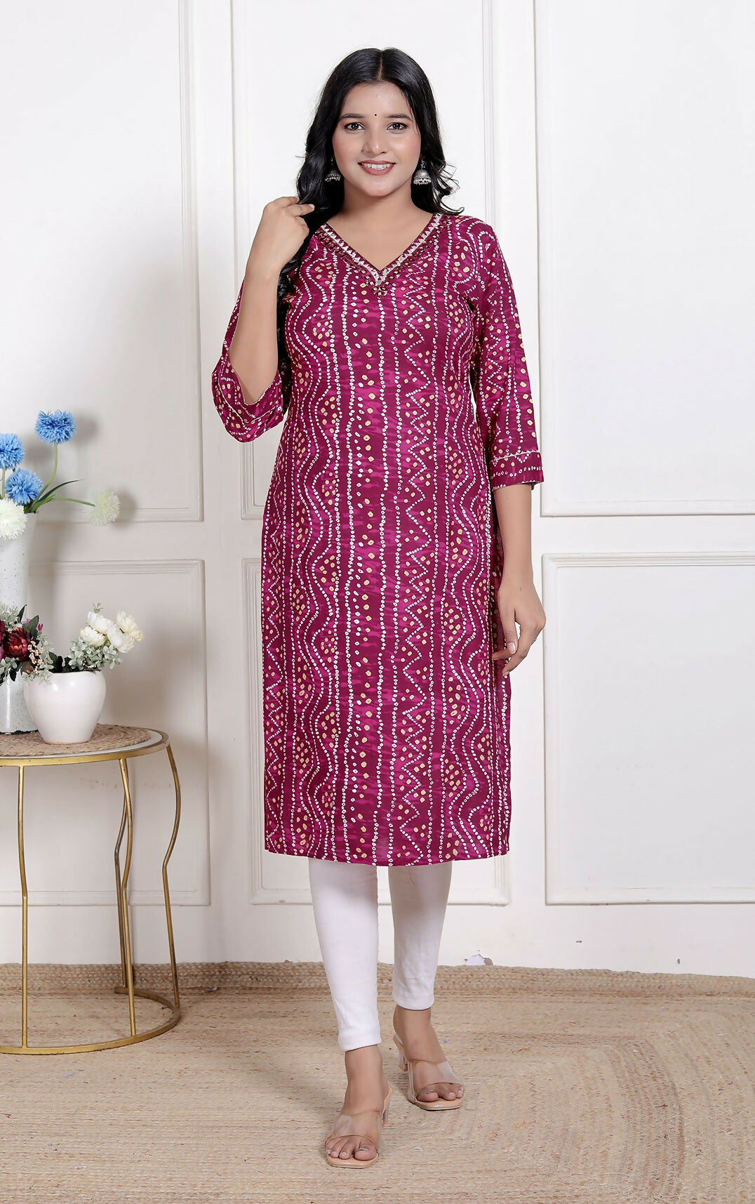 Miravan Womens Magenta Bandhej Printed Rayon Kurti