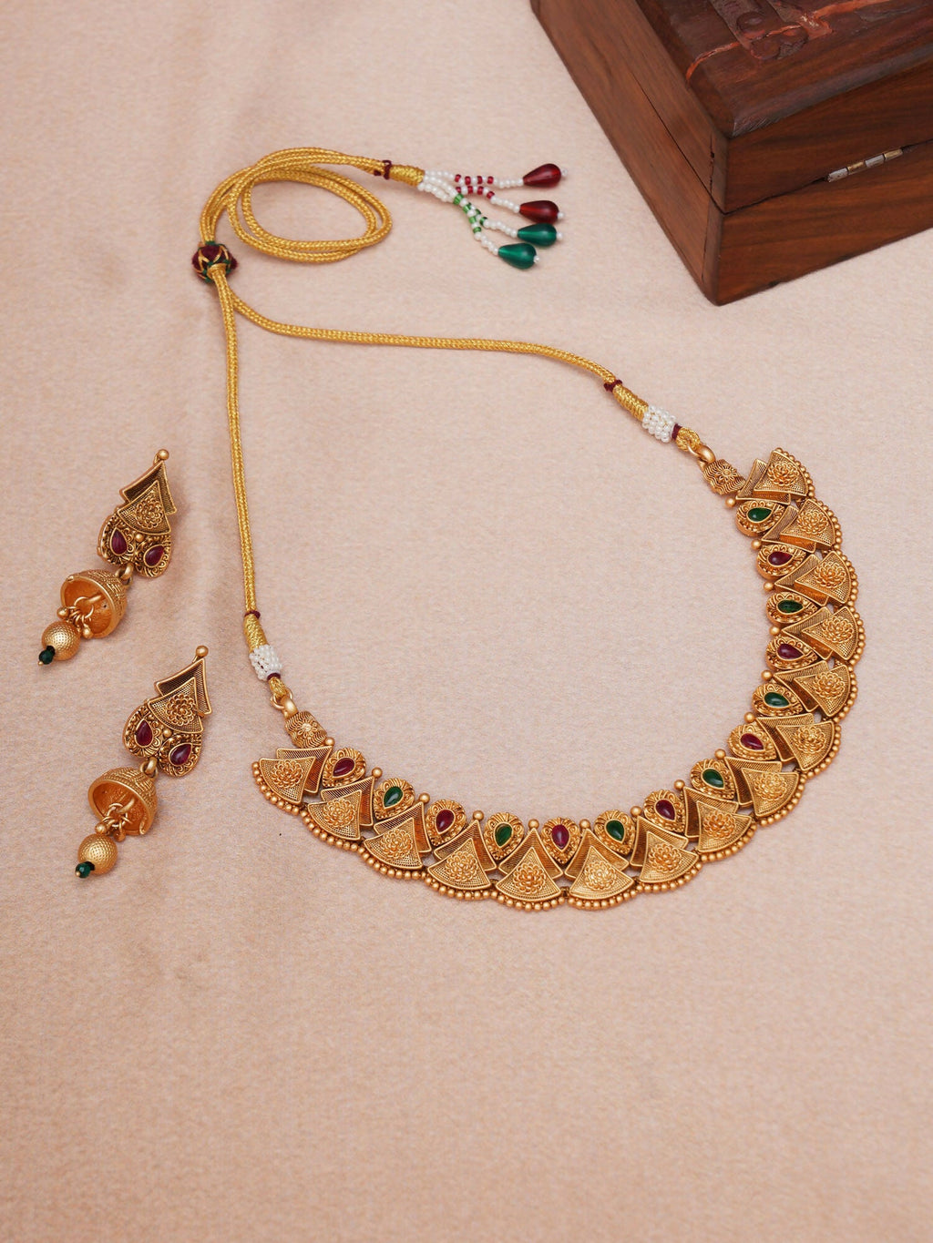 Temple Choker with Matching Jhumki Jewellery Set (Gold) - Ruby Raang